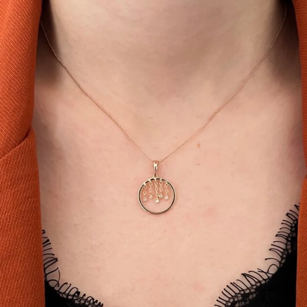 Circle Dangle Real Zircon Drop Necklace 18k Gold Plated